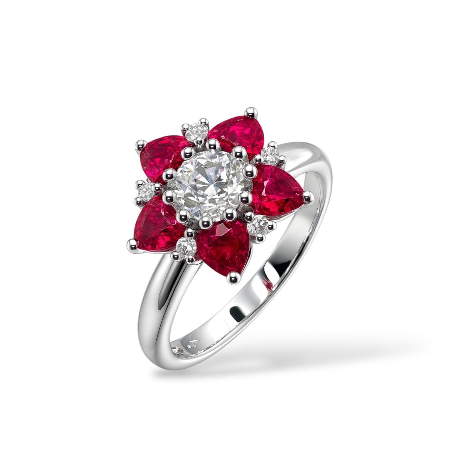 Anello Rosa in Oro Bianco , Rubini taglio Cuore e Diamanti Naturali Mis. 17 - FIDELA