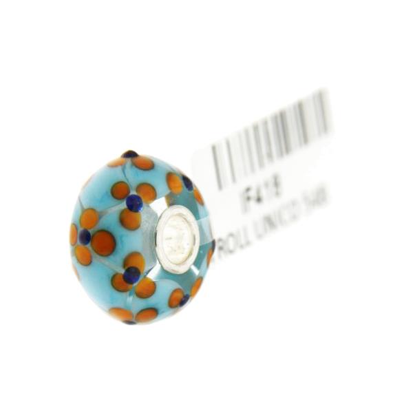 Trollbeads Unico in Vetro - OOAK Original Trollbeads Celeste con fiorellini arancioni Rif. UNICO 54B - TROLLBEADS
