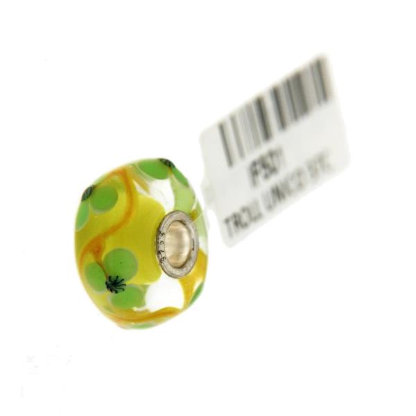 Trollbeads Unico in Vetro - OOAK Original Trollbeads Giallo con fiori verdi Rif. UNICO 37C - TROLLBEADS