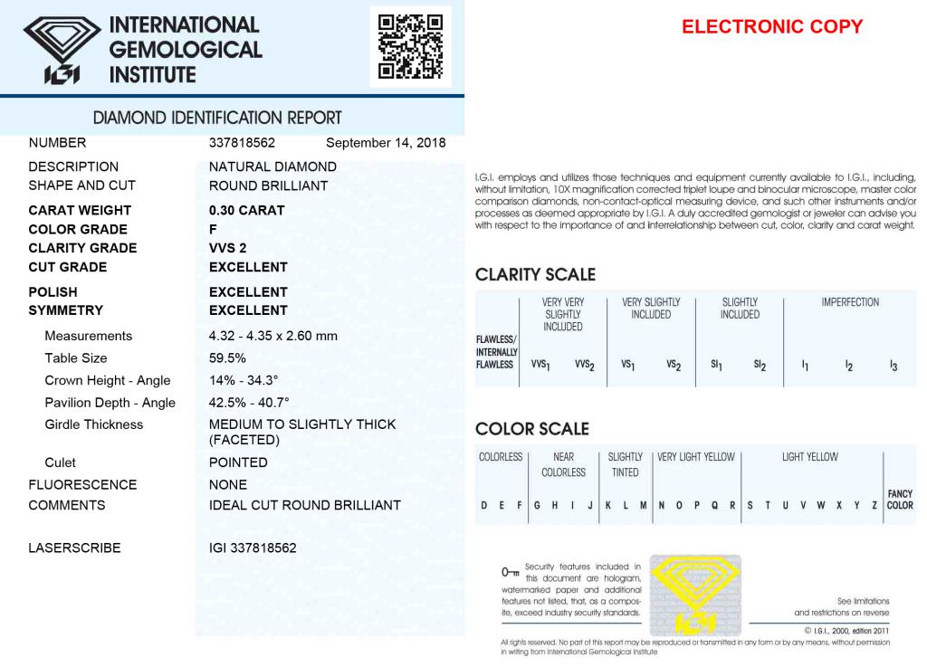 Diamante Certificato IGI - ct. 0,30 Colore F Purezza VVSI2 - DIAMANTI