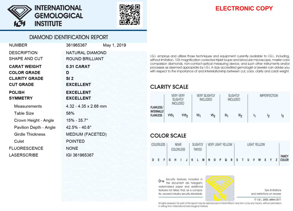 Diamante Certificato IGI - ct. 0,31 Colore D Purezza SI2 - DIAMANTI