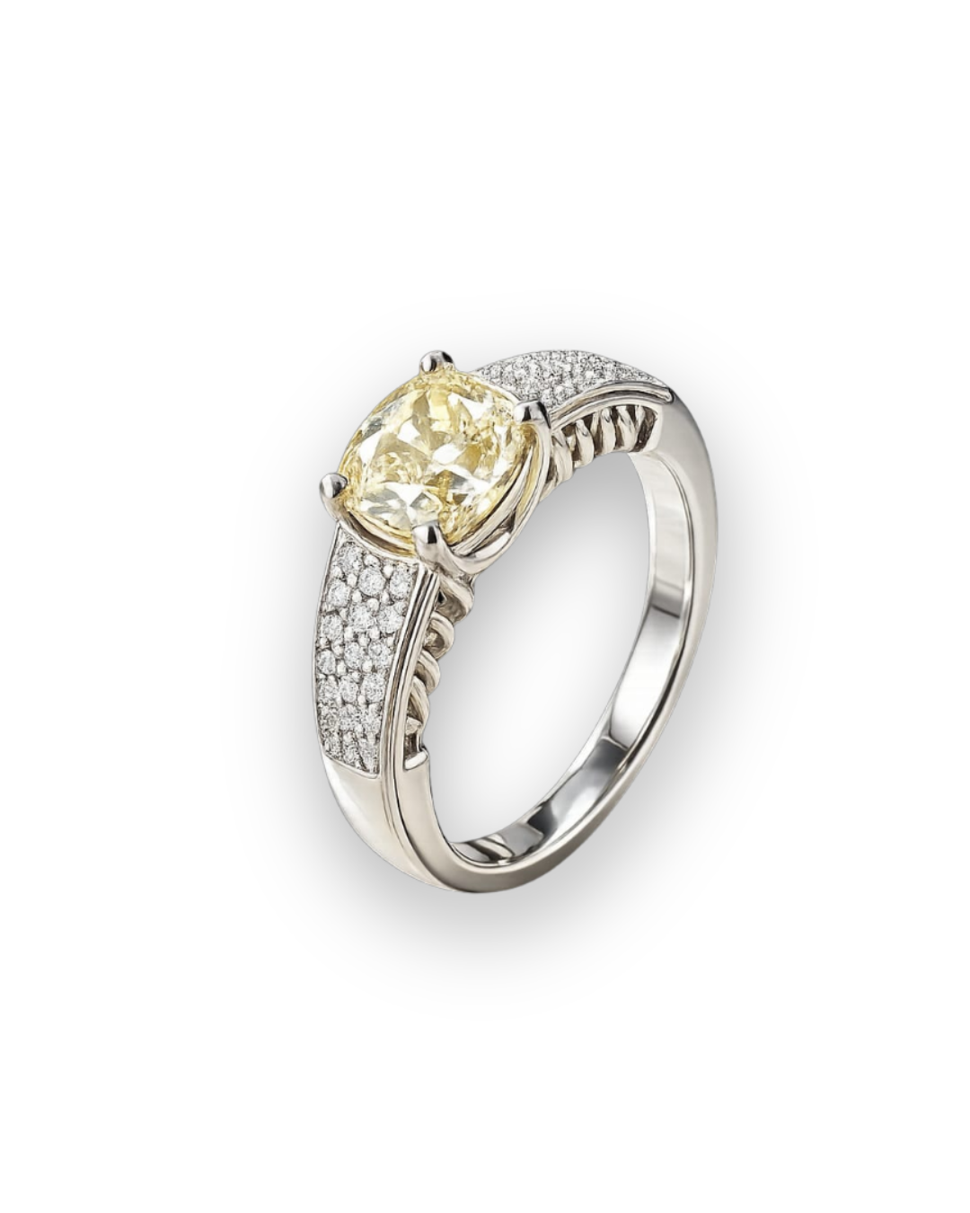 Anello in Oro Bianco, Diamante Naturale Cushion Fancy Yellow e Diamanti Naturali bianchi - FIDELA