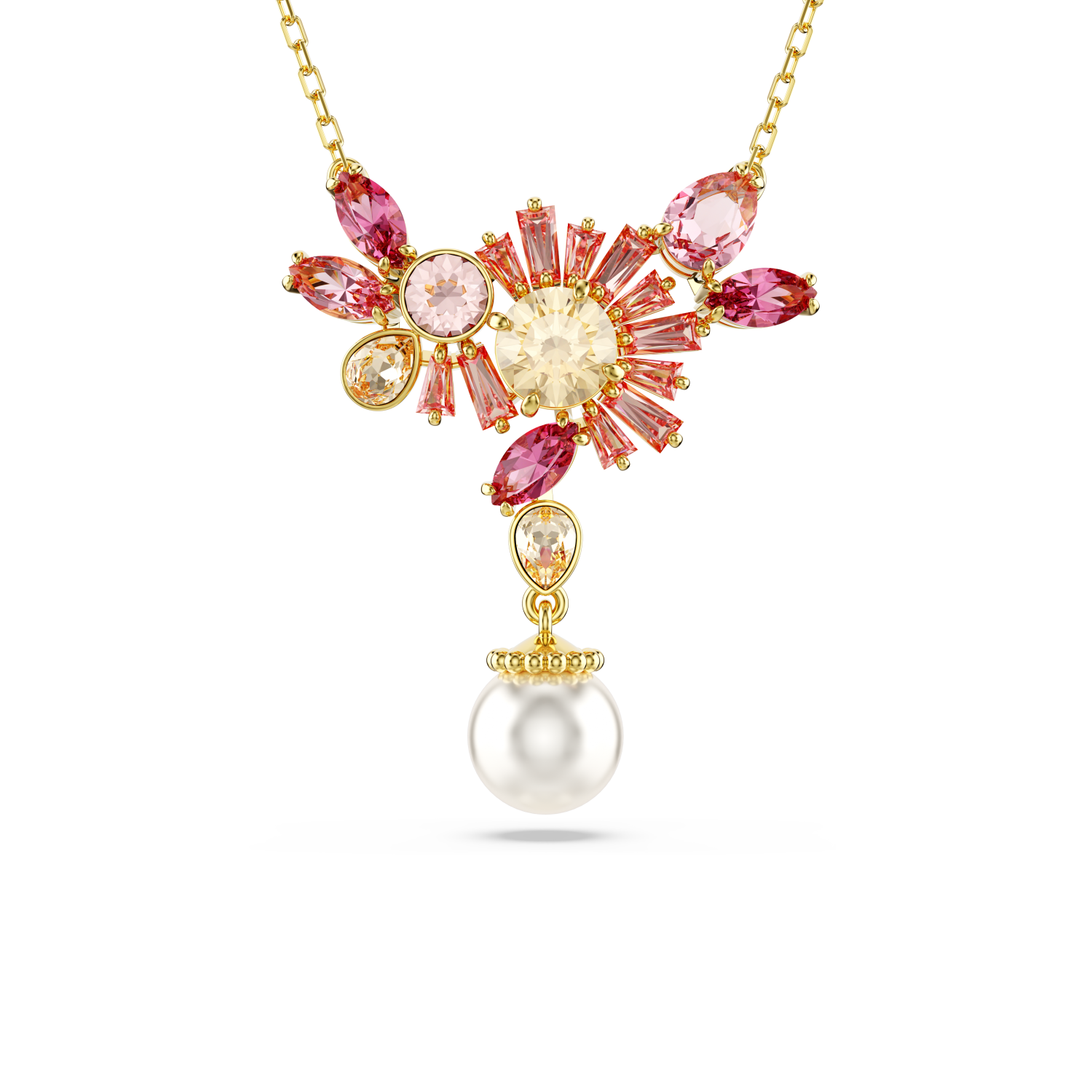 Swarovski - Pendente Gema, Taglio misto, Crystal Pearl, Fiore, Rosa, Placcato color oro Ref. 5688490 - SWAROVSKI