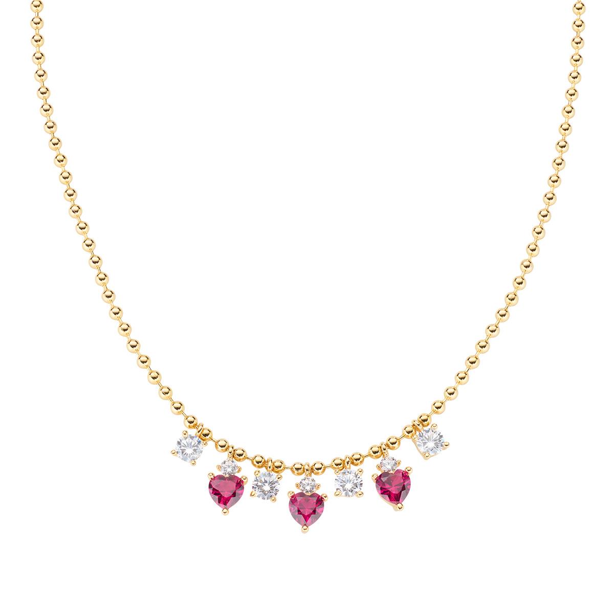 Collana Chandelier Princess Dorata con Zirconi Bianchi e Cuori Rubino - Amen Collection Ref. CLPACUGRBZ3 - AMEN