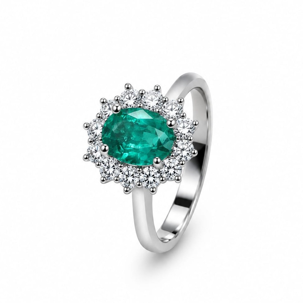 Anello in Oro Bianco con Smeraldo Zambia e Diamanti Naturali - BARTOCCINI C