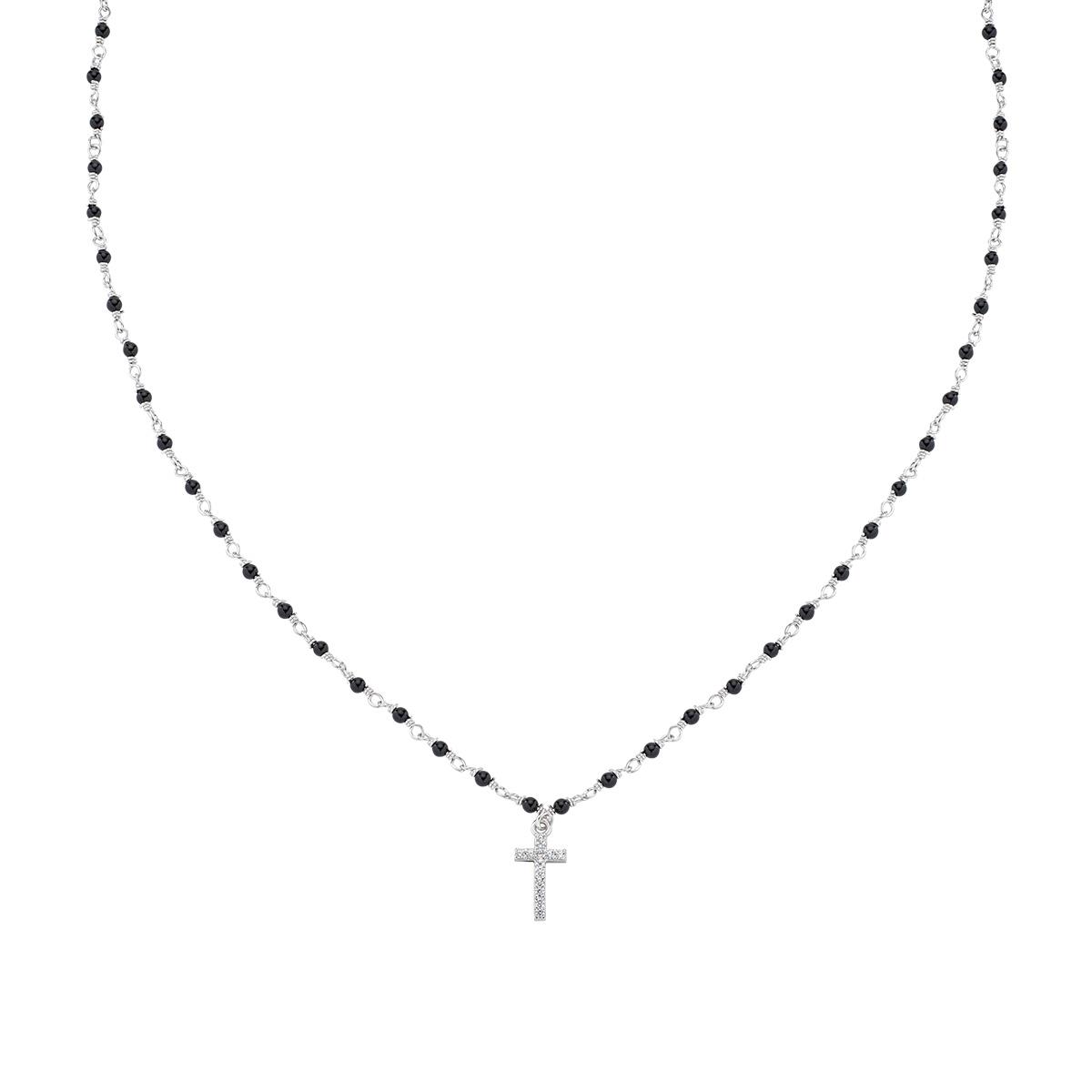 Collana Rodio Croce Zirconata e Cristalli Neri - Amen Collection Ref. CLONCRBNBZ3 - AMEN