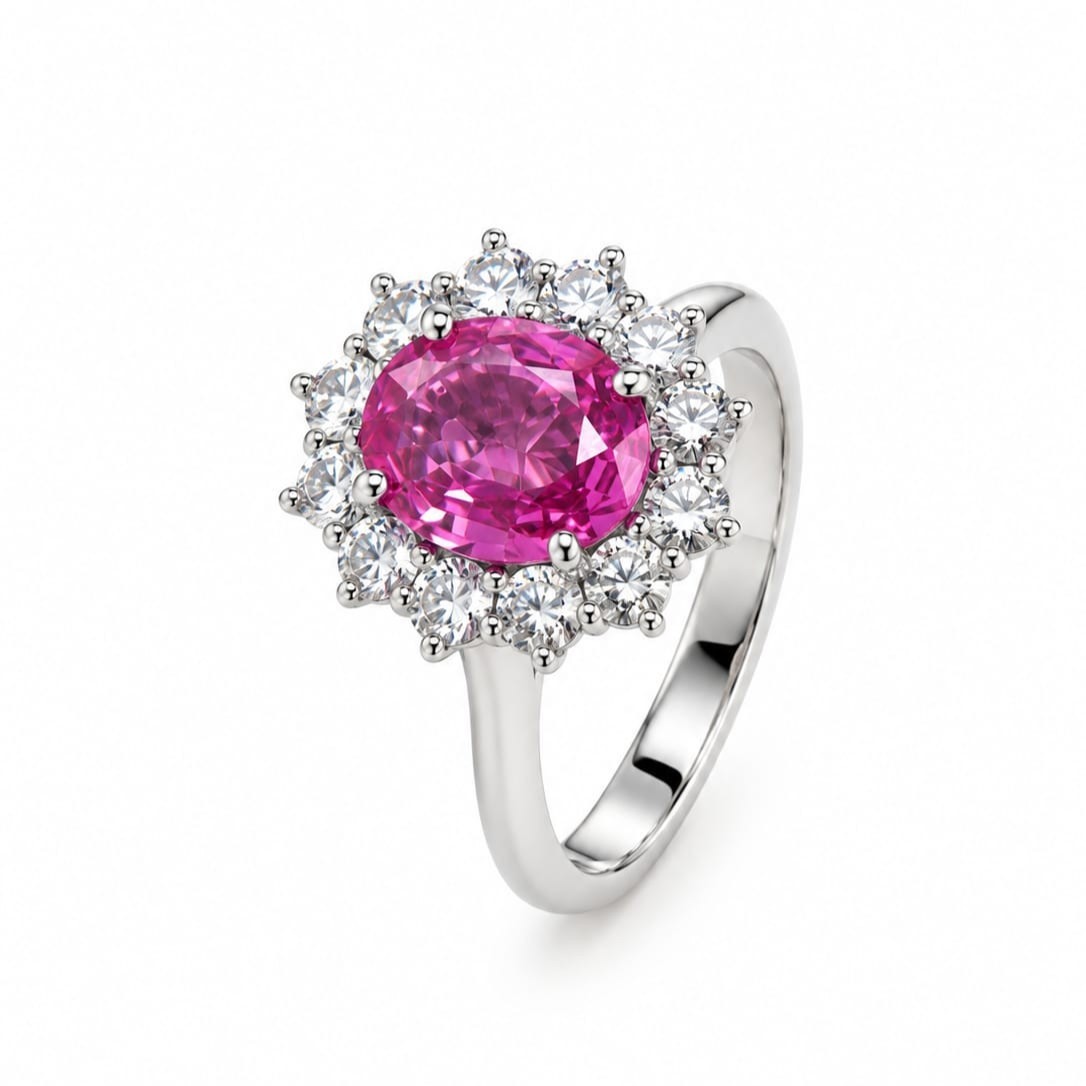 Anello in Oro Bianco con Zaffiro Rosa e Diamanti Naturali - BARTOCCINI C