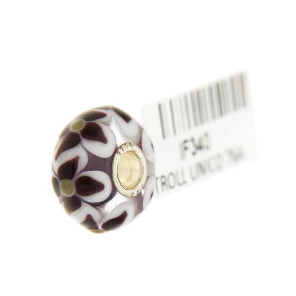 Trollbeads Unico in Vetro - OOAK Original Trollbeads Viola con petali bianchi e fiori Rif. UNICO 76A - TROLLBEADS