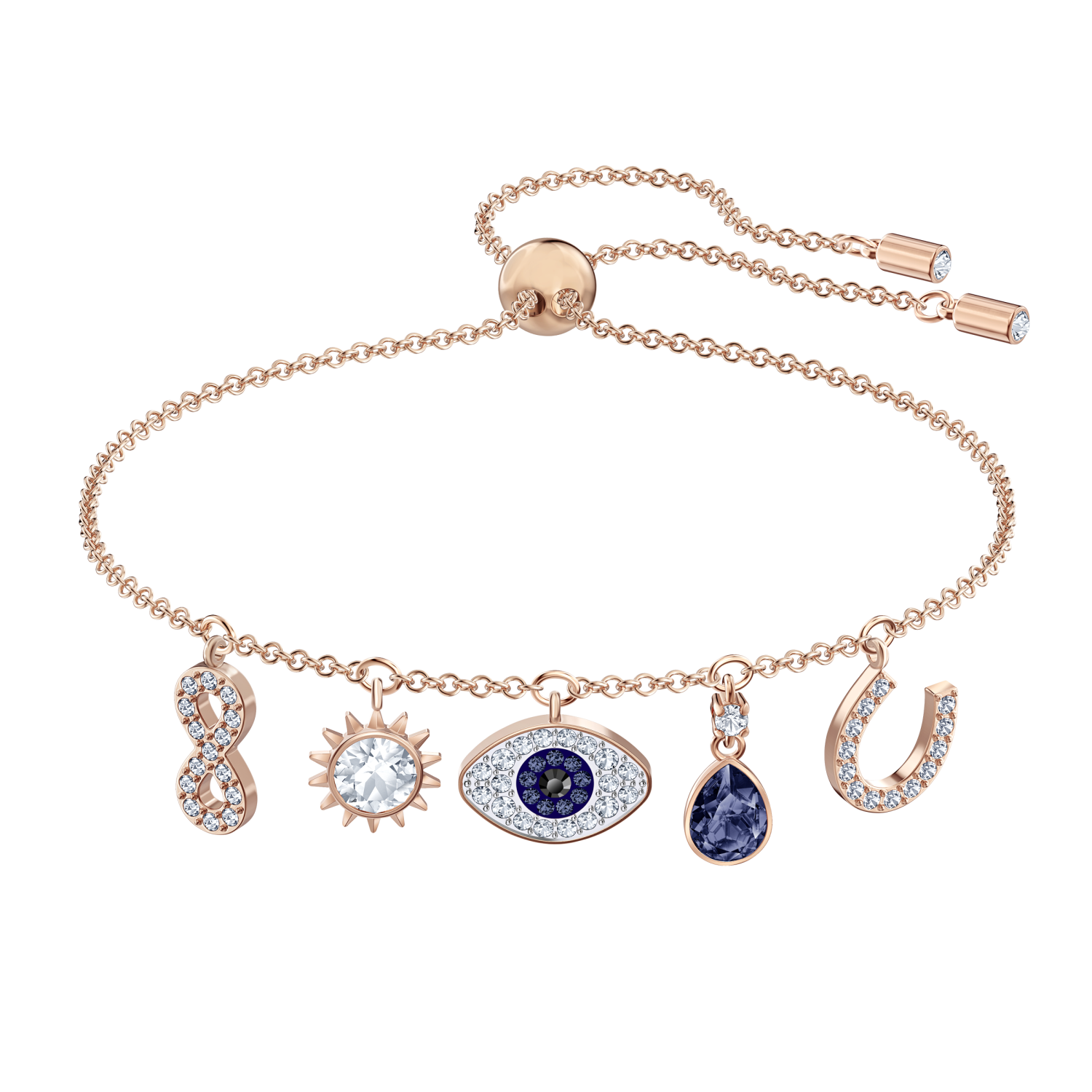 Swarovski - Braccialetto Swarovski Symbolic, Infinito, evil eye e ferro di cavallo, Blu, Placcato color oro rosa Ref. 5497668 - SWAROVSKI