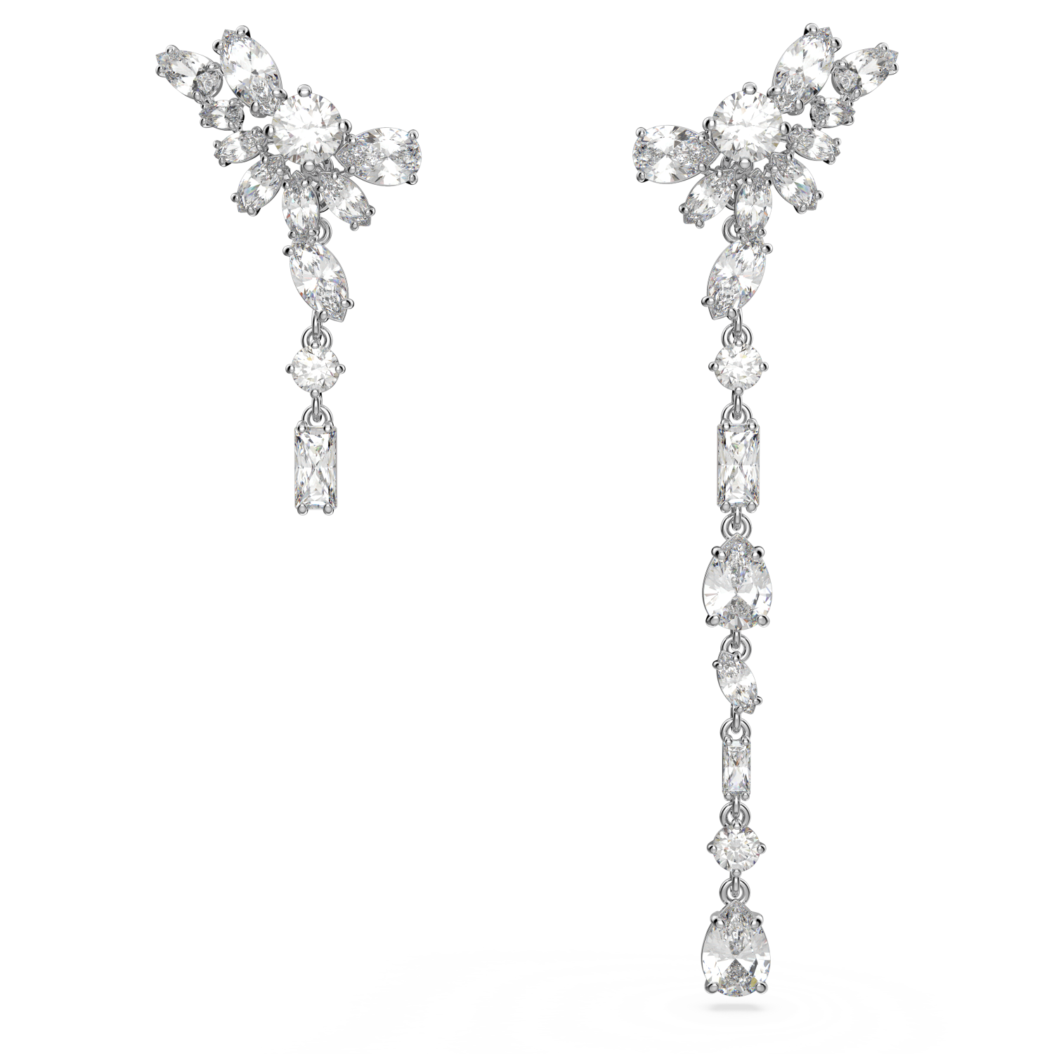 Swarovski - Orecchini pendenti Gema, Design asimmetrico, Taglio misto, Fiore, Lunghi, Bianchi, Placcato rodio Ref. 5644680 - SWAROVSKI