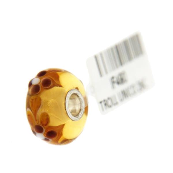 Trollbeads Unico in Vetro - OOAK Original Trollbeads Giallo con fiori marroni Rif. UNICO 26C - TROLLBEADS
