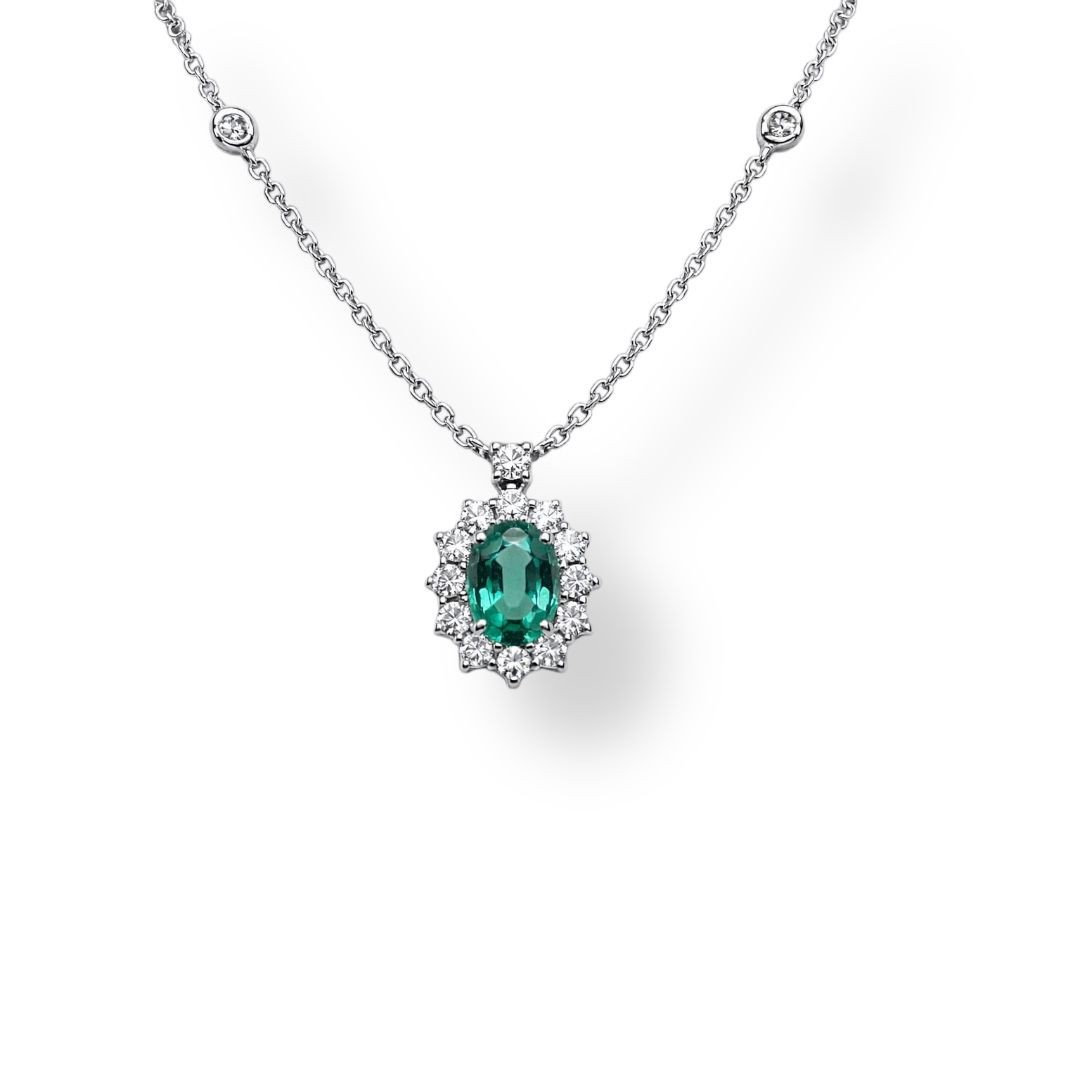 Girocollo in Oro Bianco con Smeraldo ovale e Diamanti Naturali - BARTOCCINI C
