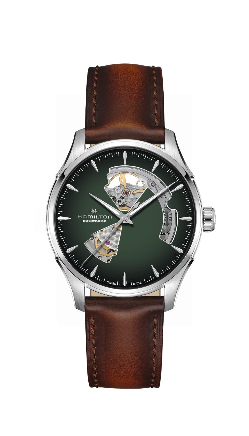 JAZZMASTER OPEN HEART 40MM / SMOKED GREEN DIAL / BROWN LEATHER STRAP - HAMILTON