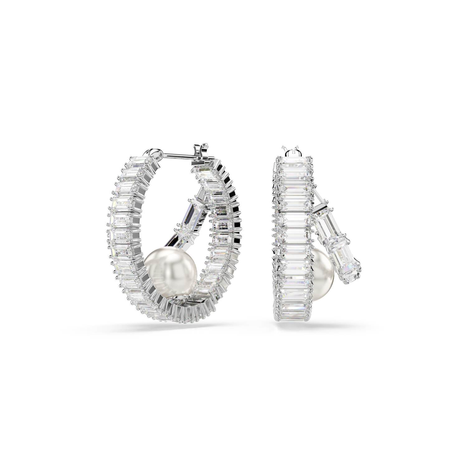 Swarovski - Orecchini a cerchio Ariana Grande x Swarovski, Crystal Pearl, taglio Baguette, Bianchi, Placcato rodio Ref. 5720868 - SWAROVSKI