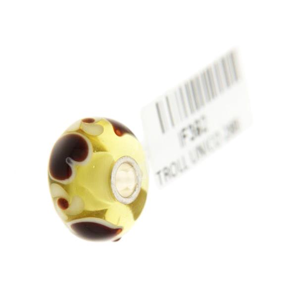 Trollbeads Unico in Vetro - OOAK Original Trollbeads Giallo con cuori bordeaux e fiori bianchi Rif. UNICO 28B - TROLLBEADS