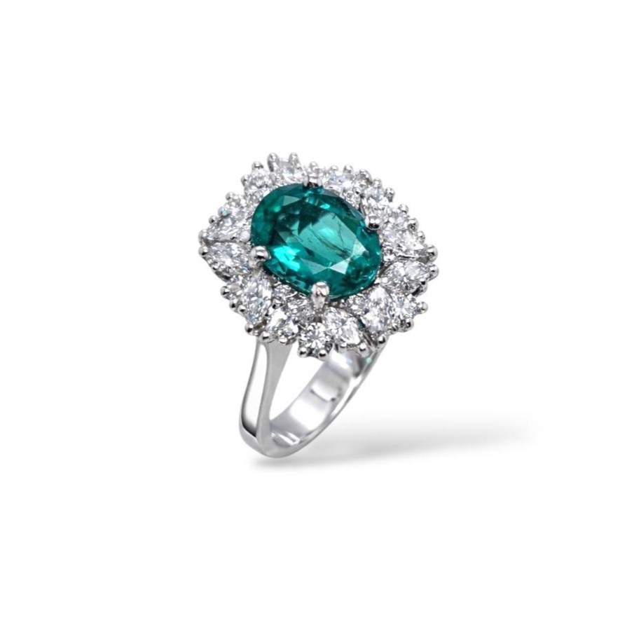 Anello in Oro Bianco con Smeraldo ovale e Diamanti Naturali mis. 14 - BARTOCCINI C