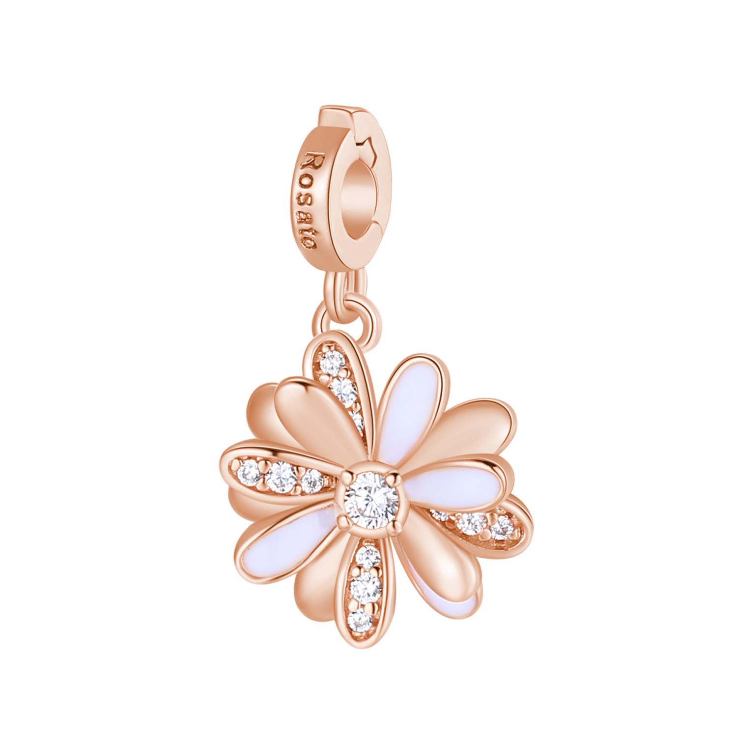 Rosato - Charm STORIE argento 925/1000 galvanica oro rosa, margherita, 10 zirconi bianchi, smalto bianco Ref. RZ192 - ROSATO
