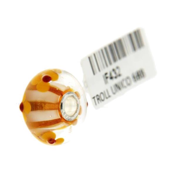 Trollbeads Unico in Vetro - OOAK Original Trollbeads A righe arancioni e bianche con fiori Rif. UNICO 68B - TROLLBEADS