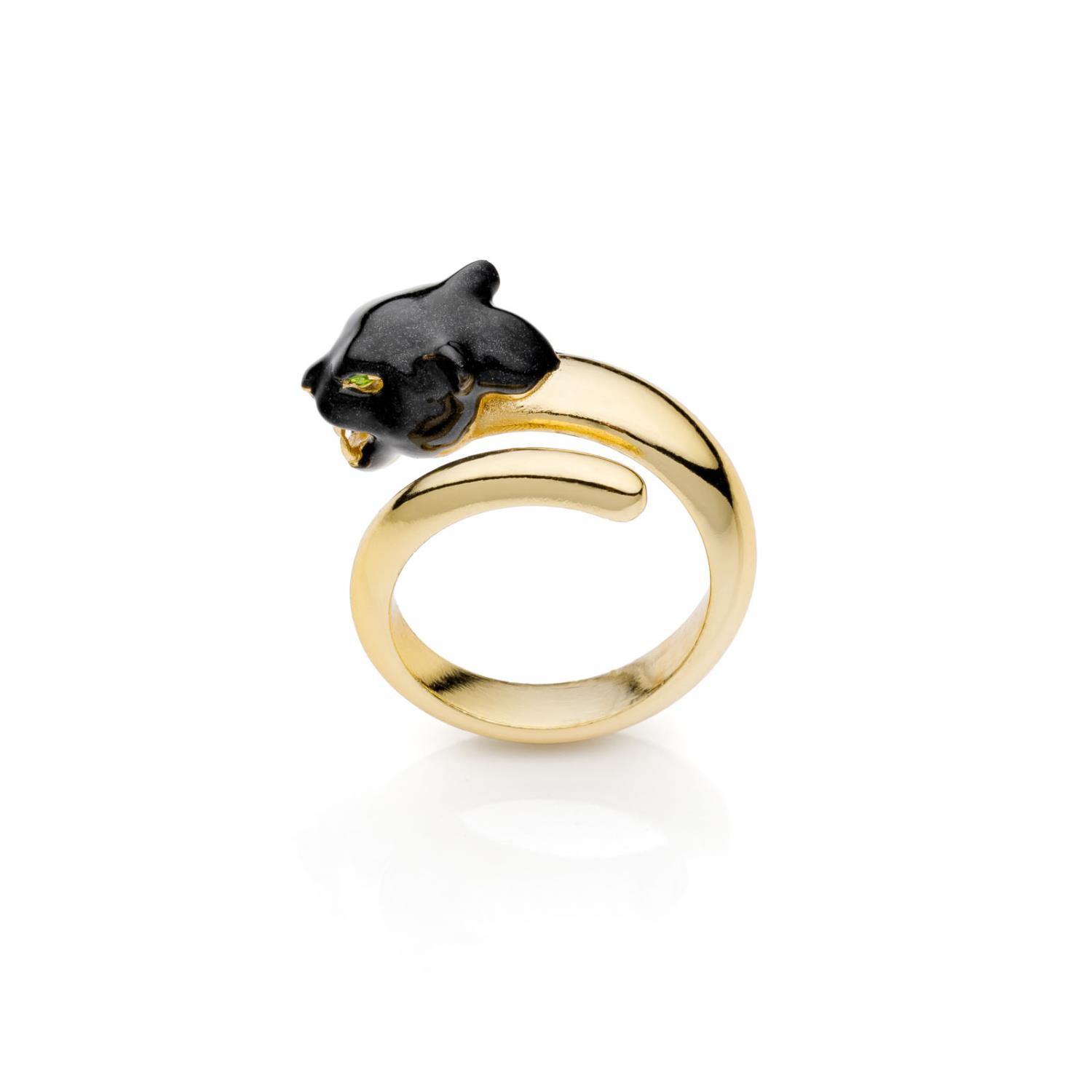 ANELLO CONTRARIÉ CON ELEMENTO A TESTA DI PANTERA CON SMALTO  - GIALLO - UNOAERRE