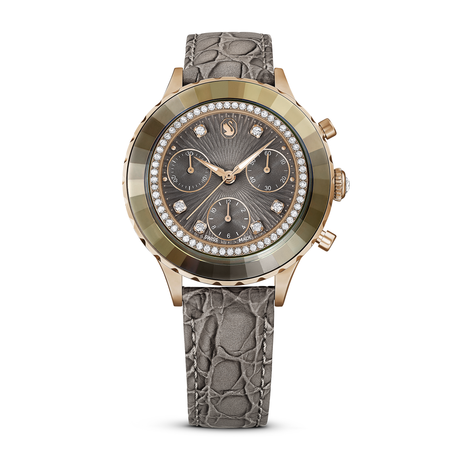 Swarovski - Orologio Octea Chrono, Fabbricato in Svizzera, Cinturino in pelle, Grigio, Finitura in tono oro rosa Ref. 5671153 - SWAROVSKI