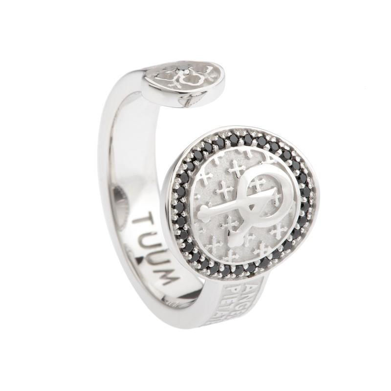 Anello Tuum Infinituum Angelo in Argento Rodiato, con spinelli neri e Diamante Nero Ref. INFALA9SC0D - TUUM
