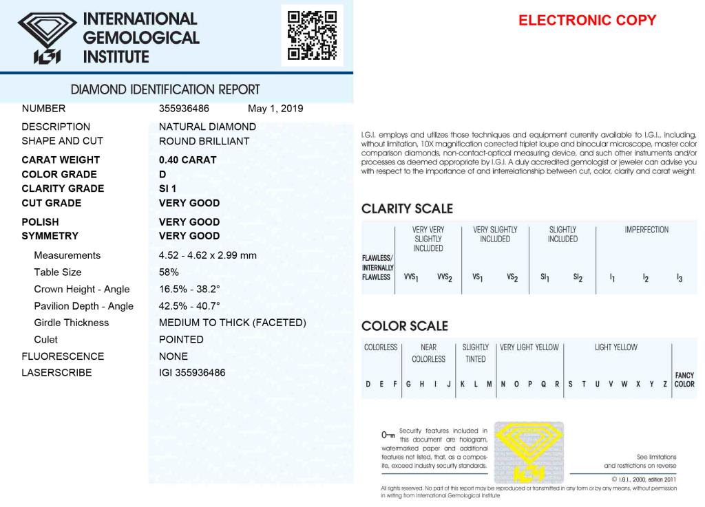 Diamante Certificato IGI - ct. 0,40 Colore D Purezza SI1 - DIAMANTI