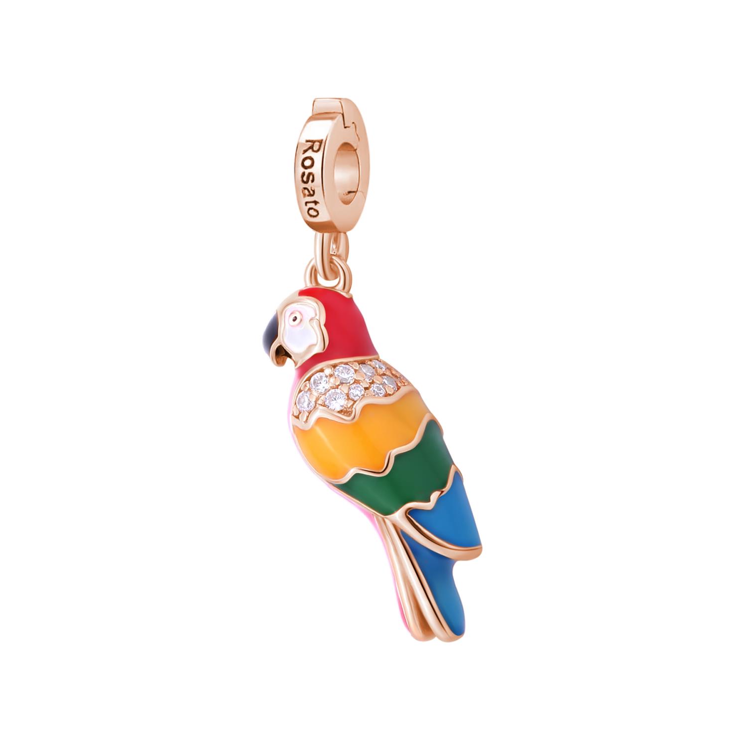Rosato - Charm STORIE argento 925/1000, galvanica oro rosa a forma di pappagallo , smalti colorati e cubic zirconia bianchi Ref. RZ228 - ROSATO