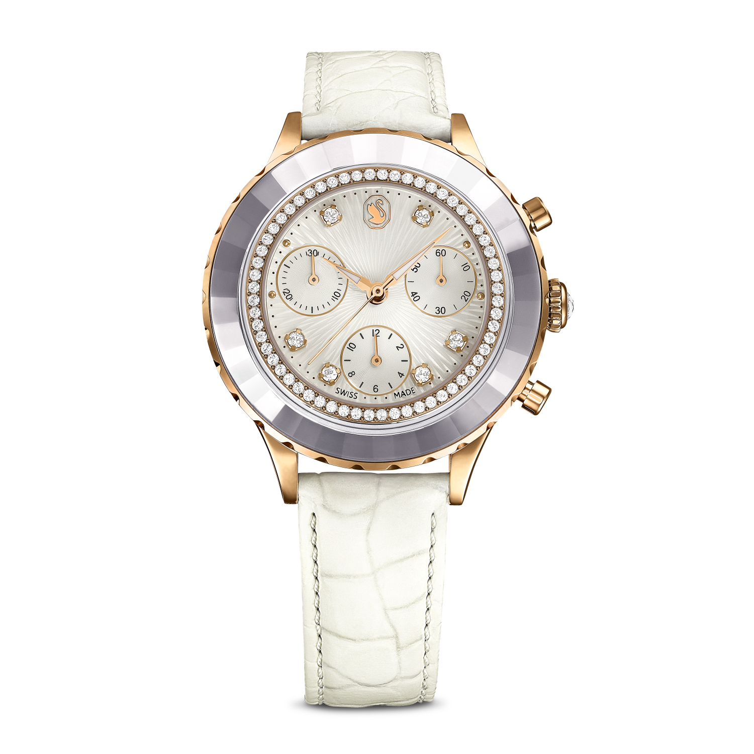 Swarovski - Orologio Octea Chrono, Fabbricato in Svizzera, Cinturino in pelle, Bianco, Finitura in tono oro rosa Ref. 5671150 - SWAROVSKI