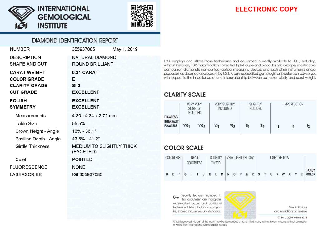 Diamante Certificato IGI - ct. 0,31 Colore E Purezza SI2 - DIAMANTI