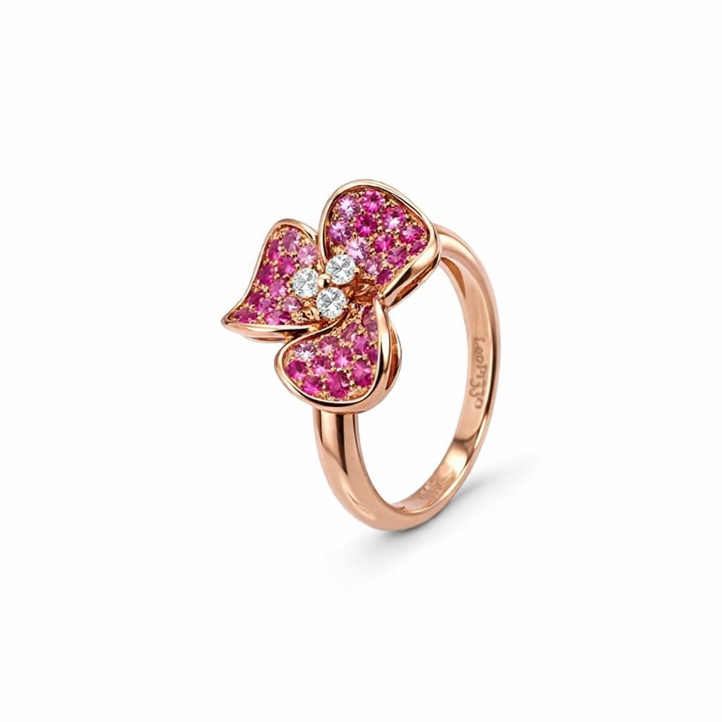 Leo Pizzo - Anello fiore in Oro Rosa, Zaffiri rosa e Diamanti Naturali Mis. 14 Ref. 499552 - LEOPIZZO