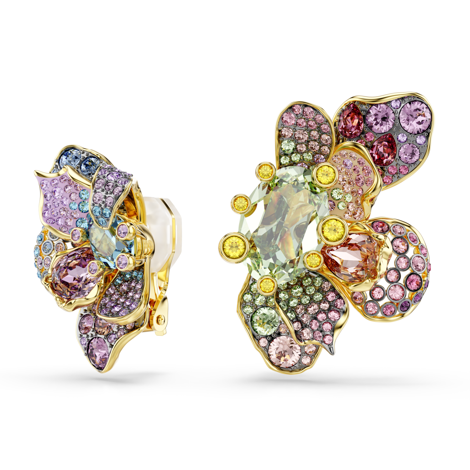 Swarovski - Orecchini a clip Idyllia, Design asimmetrico, Taglio misto, Pavé, Fiore, Multicolore, Placcato color oro Ref. 5709957 - SWAROVSKI