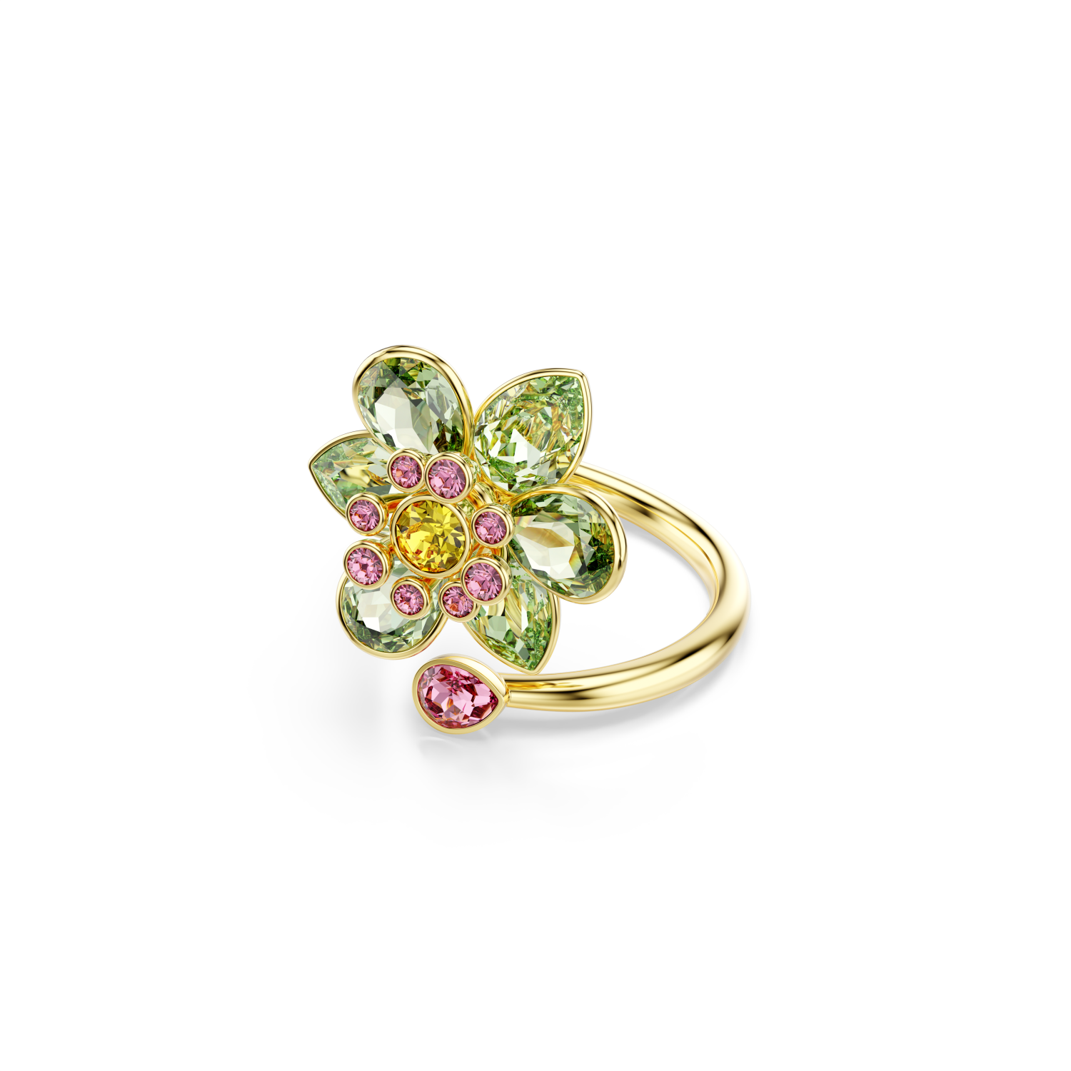 Swarovski - Anello aperto Idyllia, Taglio misto, Fiore, Verde, Placcato color oro Ref. 5721599 - SWAROVSKI