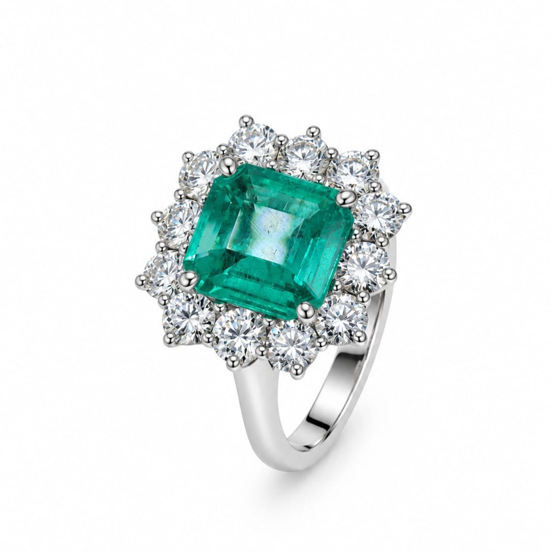Anello in Oro Bianco con Smeraldo Brasile e Diamanti Naturali - BARTOCCINI C