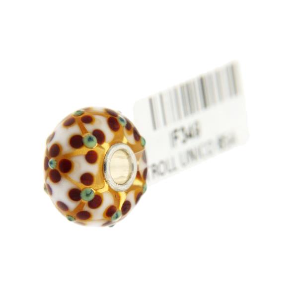 Trollbeads Unico in Vetro - OOAK Original Trollbeads Bianco con fiori marroni Rif. UNICO 85A - TROLLBEADS