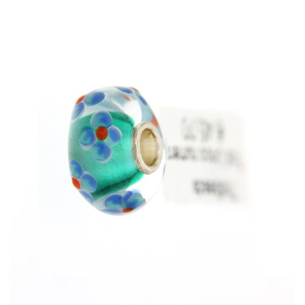 Trollbeads Unico in Vetro - OOAK Original Trollbeads  verde fiori azzurri Rif. UNICO 12 - TROLLBEADS
