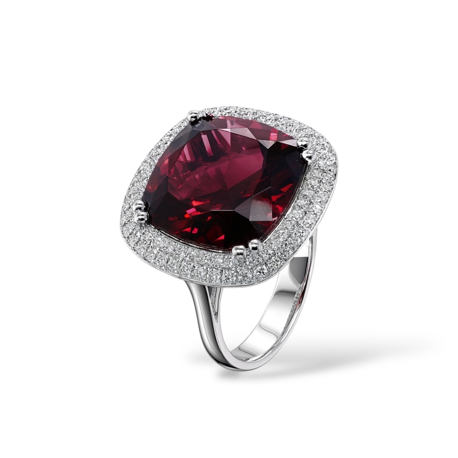 Anello in Oro Bianco con Rodolite taglio Cushion e Diamanti naturali Mis. 17 - FIDELA