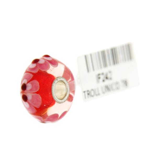 Trollbeads Unico in Vetro - OOAK Original Trollbeads Rosso con fiori rosa Rif. UNICO 78 - TROLLBEADS
