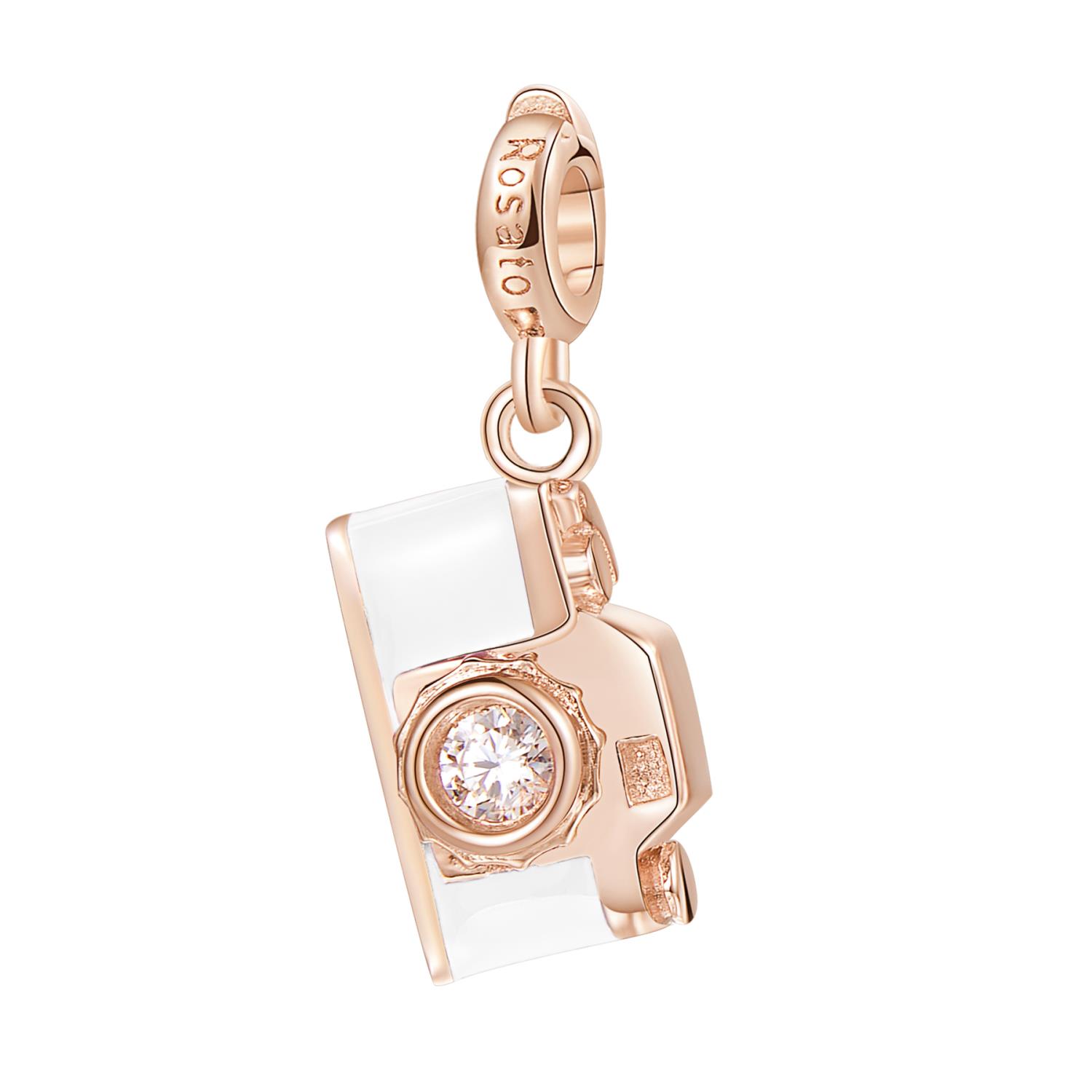 Rosato - Charm STORIE argento 925/1000 galvanica rosa macchina fotografica con zircone e smalto bianco Ref. RZ048 - ROSATO