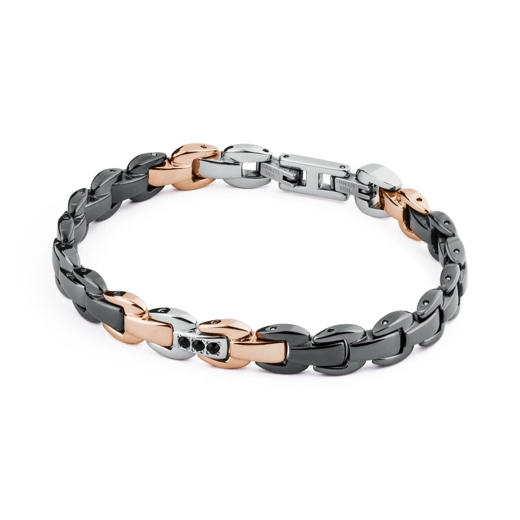 Bracciale BROSWAY - DIAPASON in acciaio lucido, pvd oro rosa, pvd gun lucido e swarovski jet Ref. BDP14 - BROSWAY