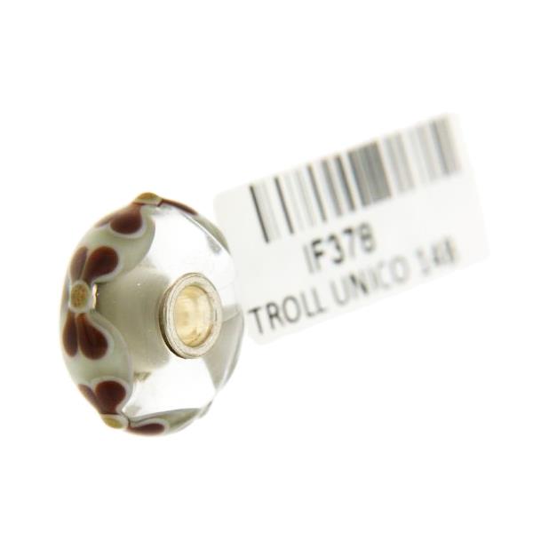 Trollbeads Unico in Vetro - OOAK Original Trollbeads Trasparente/Bianco con fiori bordeaux Rif. UNICO 14B - TROLLBEADS