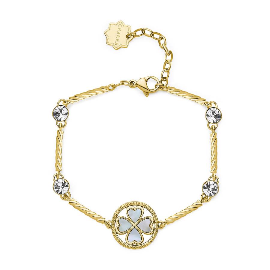 Brosway - Bracciale CHARKA in acciaio, pvd oro, quadrifoglio, madreperla verde e cristalli crystal Ref. BHKB152 - BROSWAY