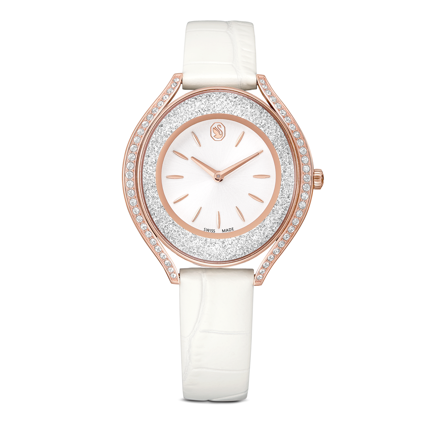Swarovski - Orologio Crystalline aura, Fabbricato in Svizzera, Cinturino in pelle, Bianco, Finitura in tono oro rosa Ref. 5730146 - SWAROVSKI