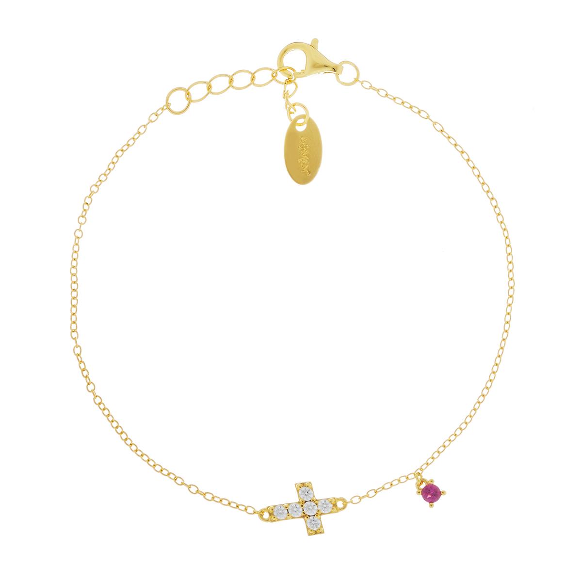Bracciale Dorato Croce con Charm Zircone Rubino - Amen Collection Ref. BRCRGBRZ3 - AMEN