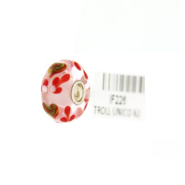 Trollbeads Unico in Vetro - OOAK Original Trollbeads  Rosa con fiori rossi Rif. UNICO 62 - TROLLBEADS