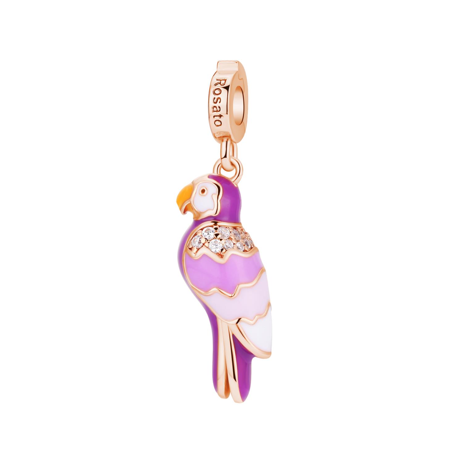 Rosato - Charm STORIE argento 925/1000, galvanica oro rosa a forma di pappagallo, smalti colorati e 19 cz bianchi Ref. RZ213 - ROSATO