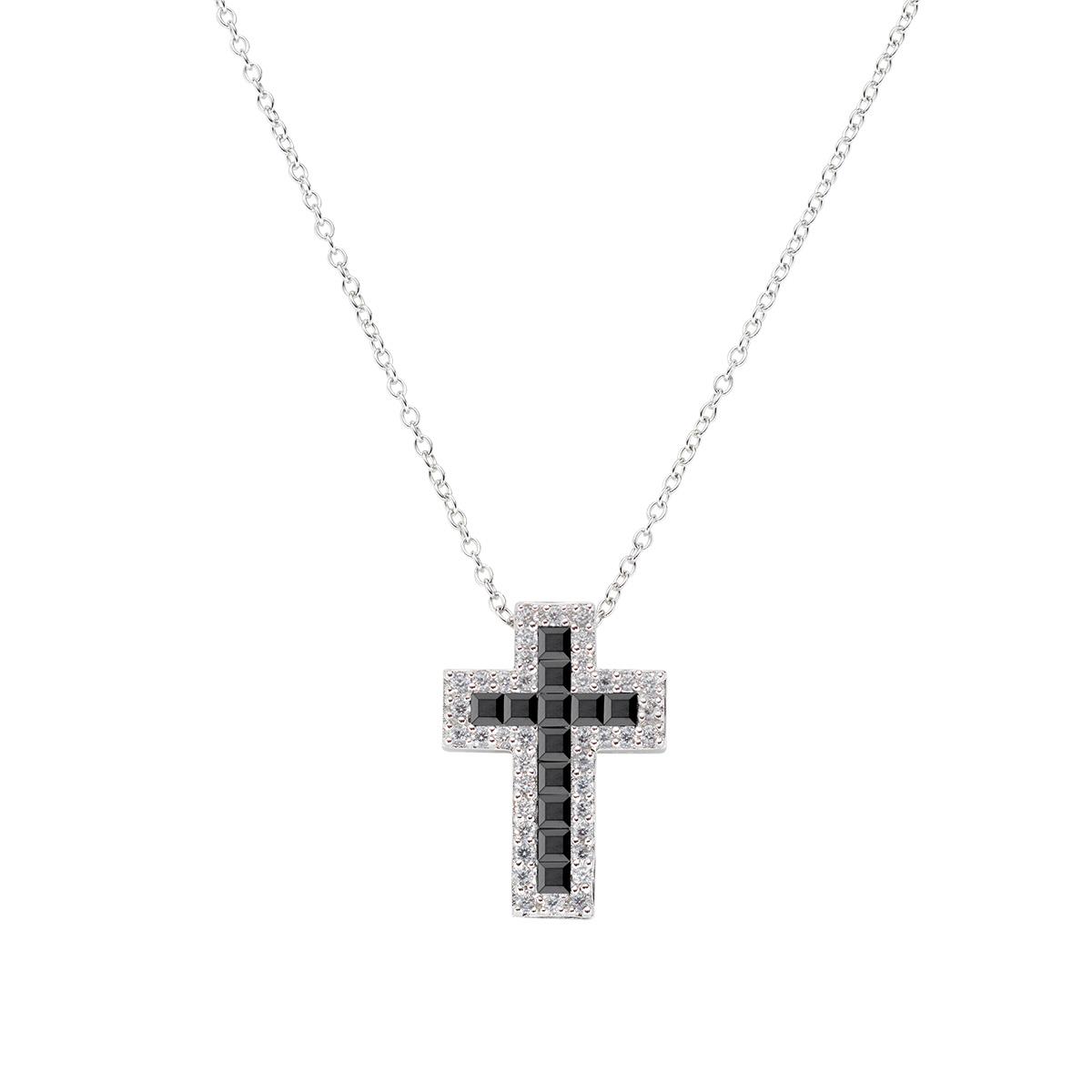 Collana Doppia Croce con Zirconi Bianchi e Neri - Amen Collection Ref. CLCRREBBNZ1 - AMEN