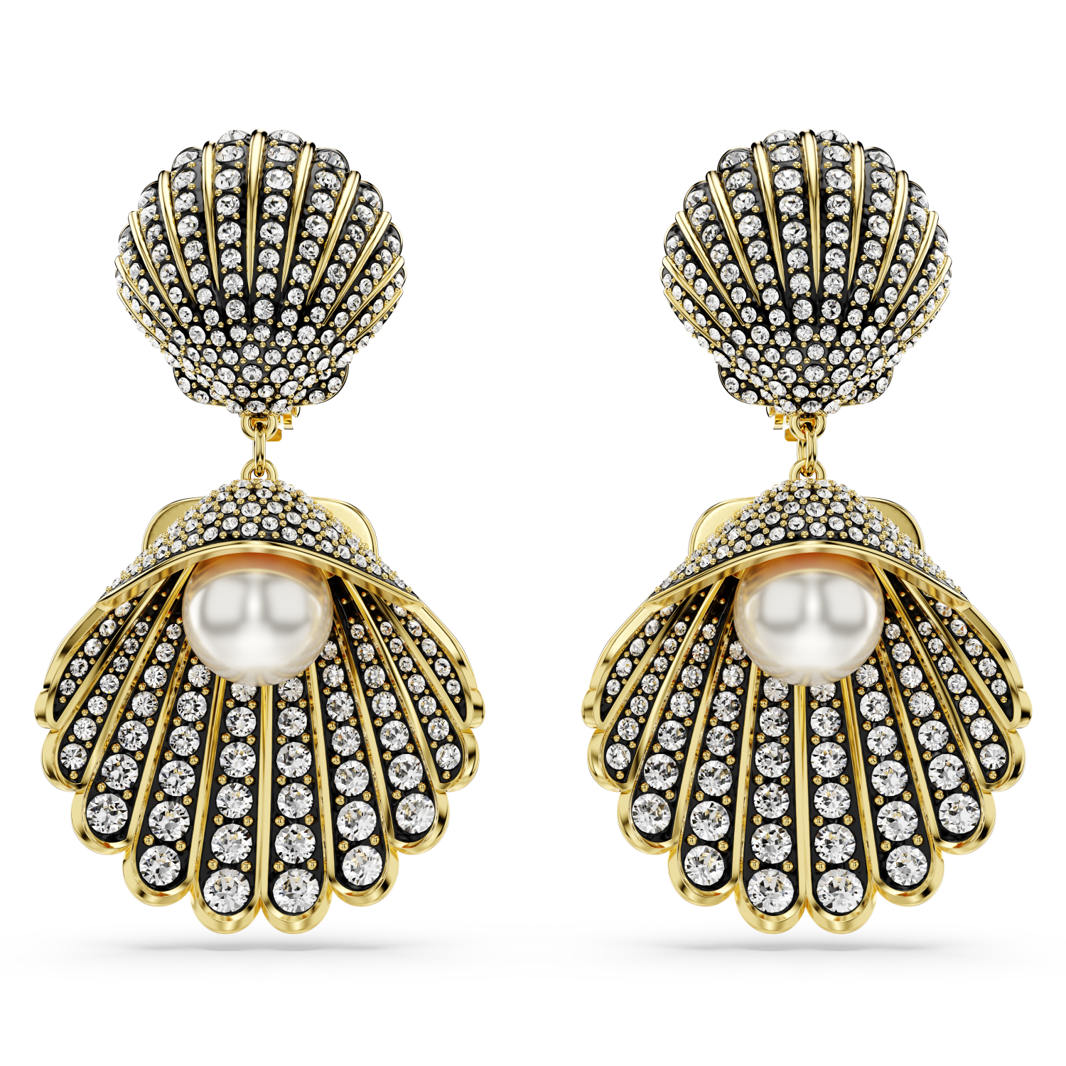 Swarovski - Orecchini a clip Idyllia, Crystal Pearl, Conchiglia, Bianchi, Placcato color oro Ref. 5683946 - SWAROVSKI