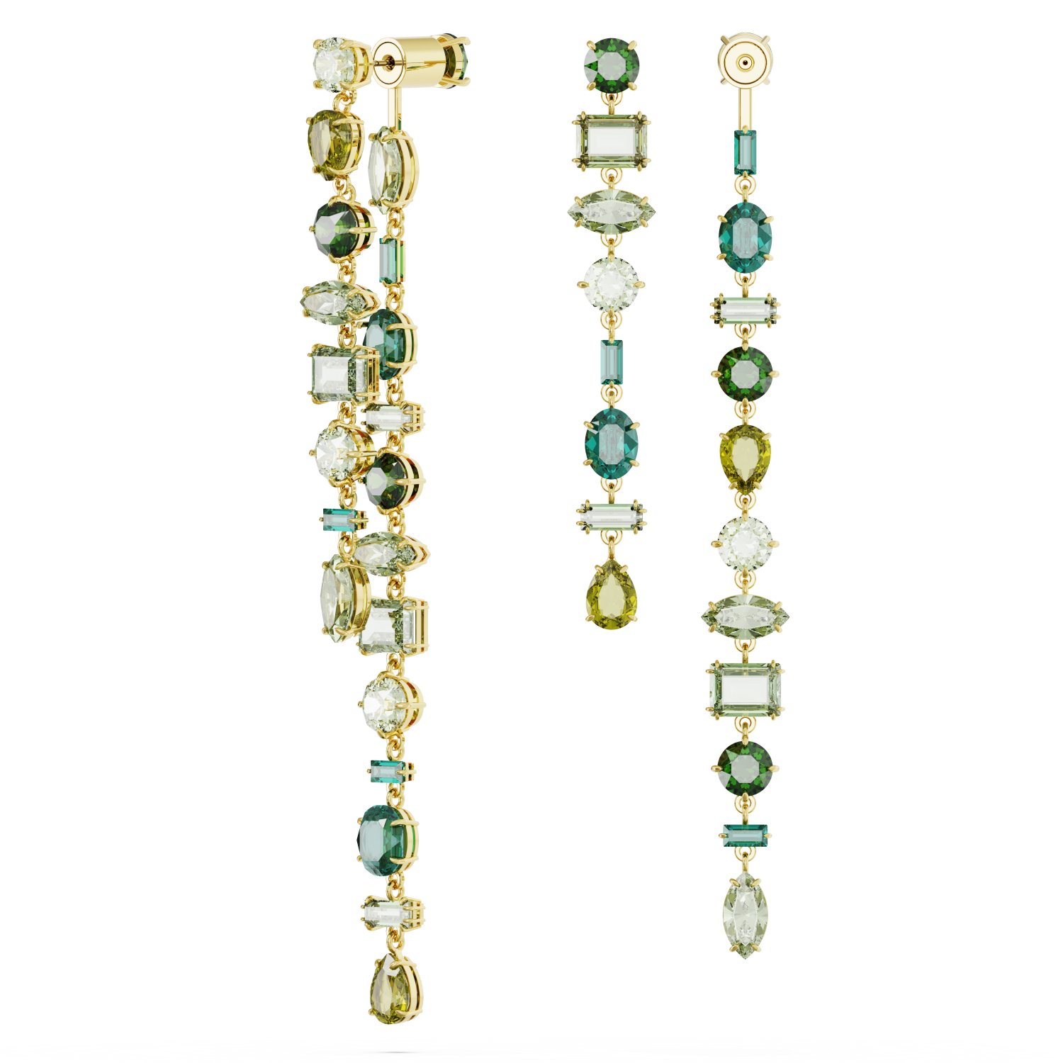 Swarovski - Orecchini pendenti Gema, Design asimmetrico, Taglio misto, Extra lunghi, Verdi, Placcato color oro Ref. 5657390 - SWAROVSKI