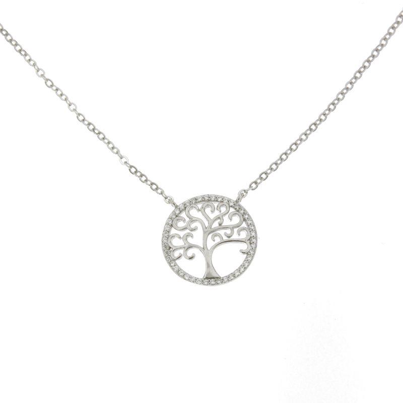 Philip Jones Collana Albero Della Vita – Placcata Argento Con Cristalli Zircondia Bianchi – Ciondolo 20 Mm