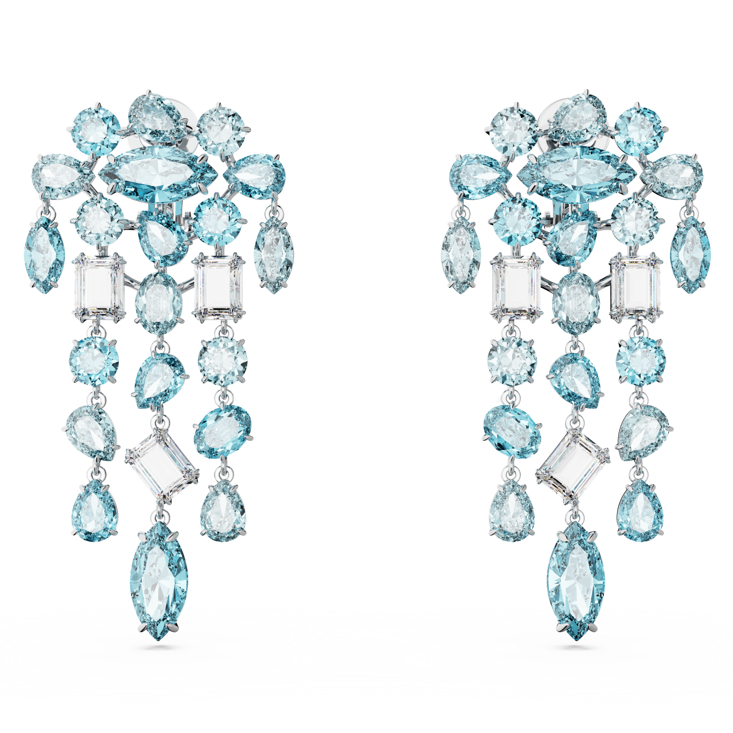 Swarovski - Orecchini a clip Gema, Taglio misto, Chandelier, Extra lunghi, Blu, Placcato rodio Ref. 5666015 - SWAROVSKI